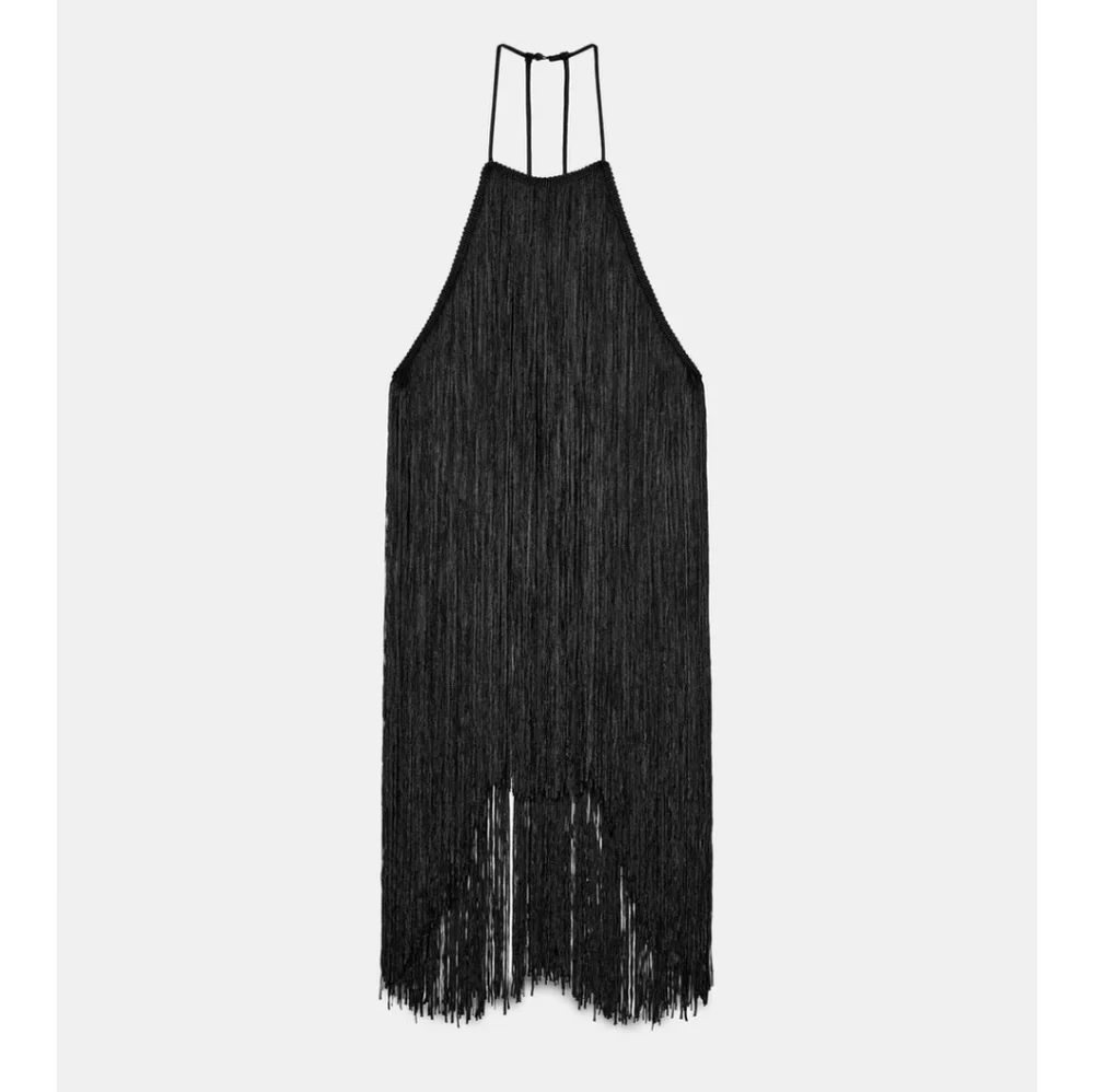 ZARA Fringed Velvet Halter Top Black Size XS S